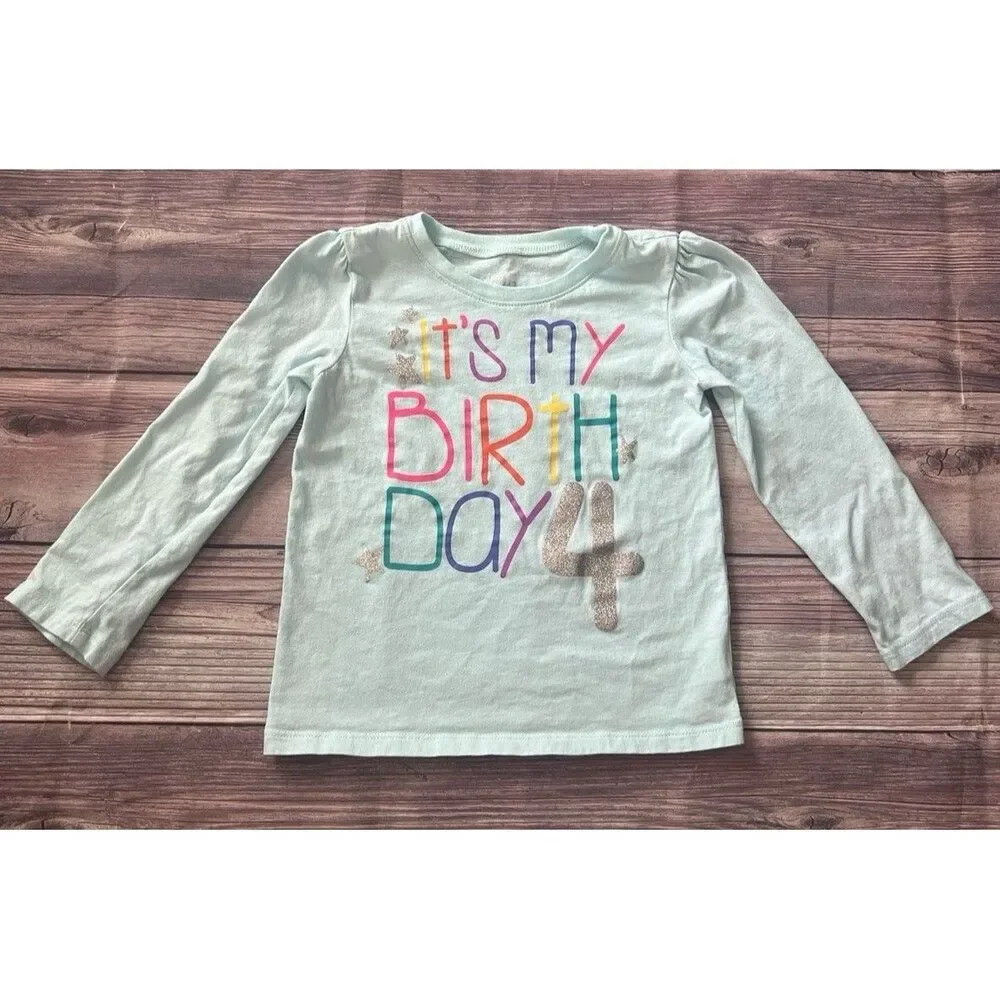 The Children's Place Girls 4T 4th Birthday Shirt Long Sleeve Glitter Blue